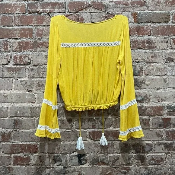 SPRING SALE! Lulus Embroidered Crop Top Yellow Boho Blouse Size Small - Picture 7 of 9